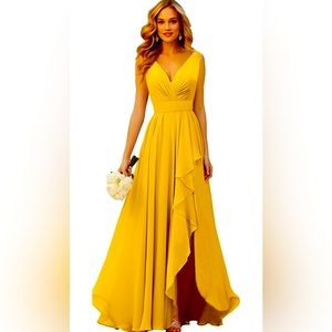 V Neck Bridesmaid Dresses for Wedding with Ruffle Slit Long Empire Waist Chiffon